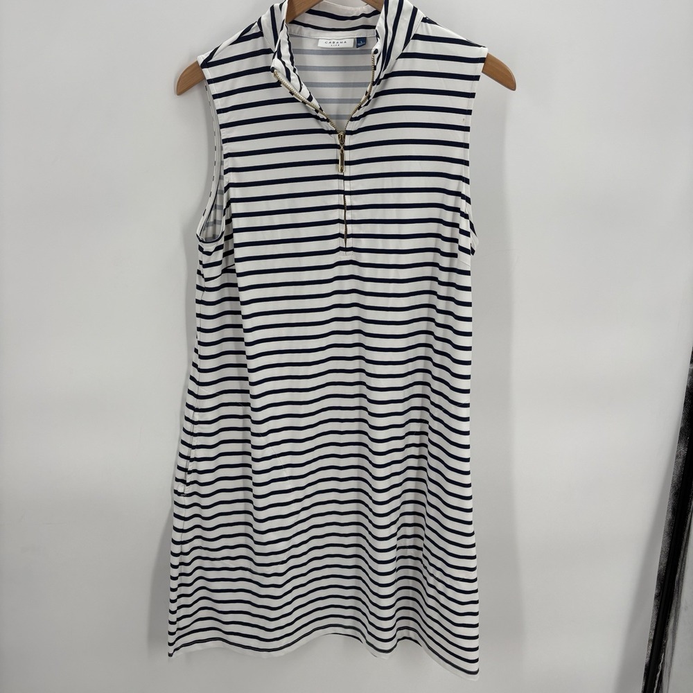 Cabana Life Navy‎ Stripe 1/4 Zip Sleeveless Sport Dress Womans Size Large